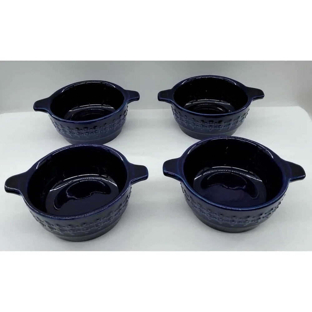Lot of 4 Vtg BLUE Waku German Ceramic Glazed Bowl FEUERFEST 248 Textured Side